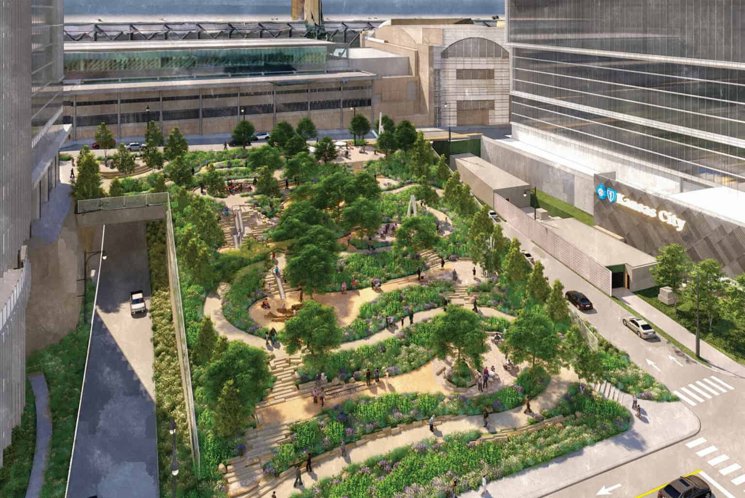 A rendering shows the 40-foot grade connecting Wyandotte Street to Baltimore Avenue as part of the initial "Block One" phase of Roy Blunt Luminary Park; image courtesy of OJB Landscape Architecture