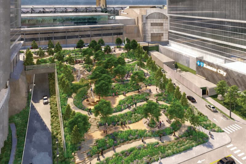A rendering shows the 40-foot grade connecting Wyandotte Street to Baltimore Avenue as part of the initial "Block One" phase of Roy Blunt Luminary Park; image courtesy of OJB Landscape Architecture