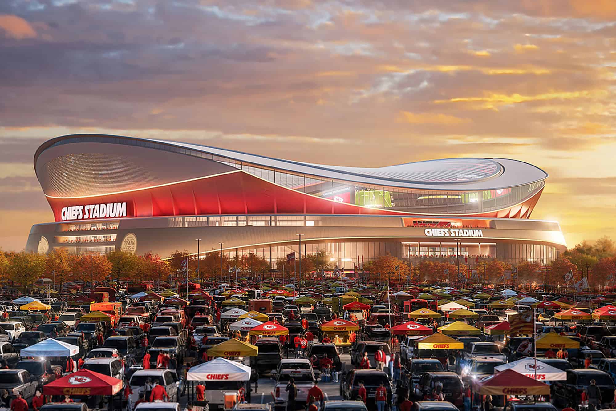 A MANICA rendering shows a new Chiefs stadium in Kansas City, Kansas, which is expected to be surrounded by a mixed-use entertainment district; rendering courtesy of the Kansas City Chiefs