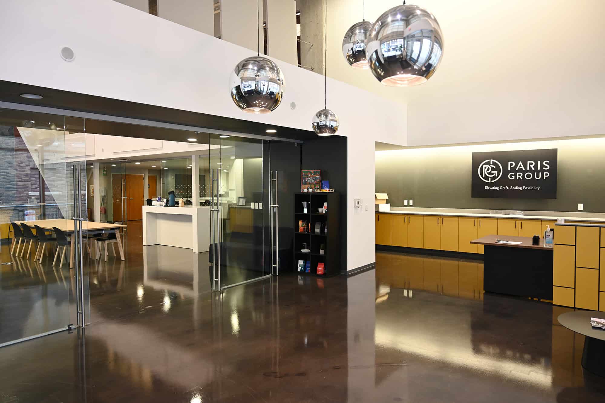The lobby of the new Paris Group headquarters in Kansas City's Power & Light District; photo courtesy of Paris Group