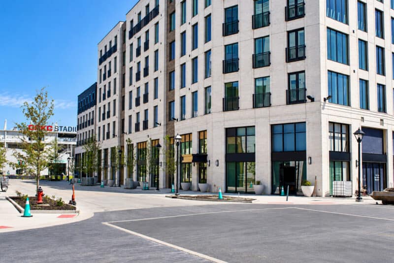 Pitchside Coffee is expected to open in the corner lobby area of one of Current Landing's residential buildings along the KC Current Way walkway toward CPKC Stadium along the riverfront; photo by Nikki Overfelt Chifalu, Startland News