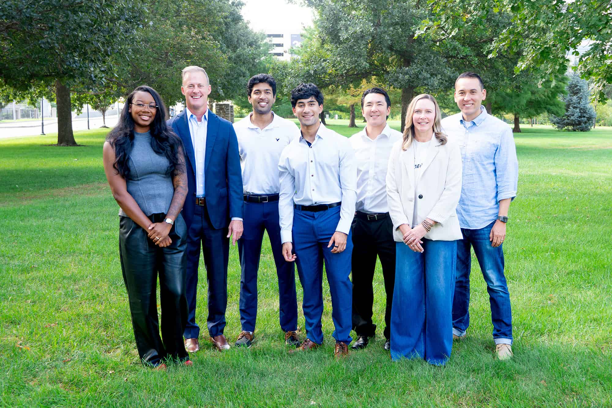 Q3 Digital Sandbox KC awardees: Tearra Bourgeois, Sovrynn; Ryan Keller, Medicare Simple; Zubin Mathew, Geometry ReThrive; Zaydan Ahmed, AcuSera; Joseph Hayhurst, Hayhurst Medical Technologies; Amy Steinhour, GiftWellSoon; and Daniel Aycock, Operandai; photo courtesy of UMKC Innovation Center