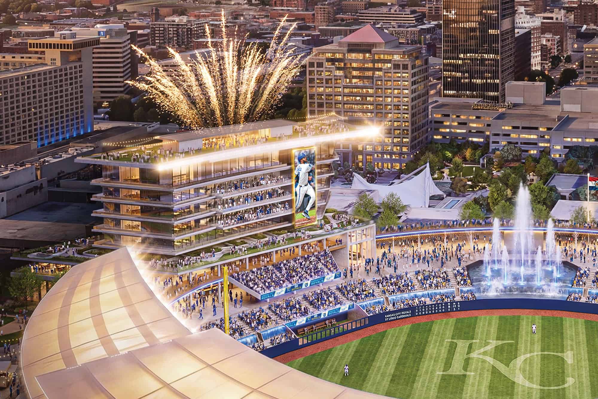 A ballpark rendering shows the new Royals stadium as it connects into the existing Crown Center neighborhood, revealing the team's vision for a year-round downtown ballpark district; rendering courtesy of Populous