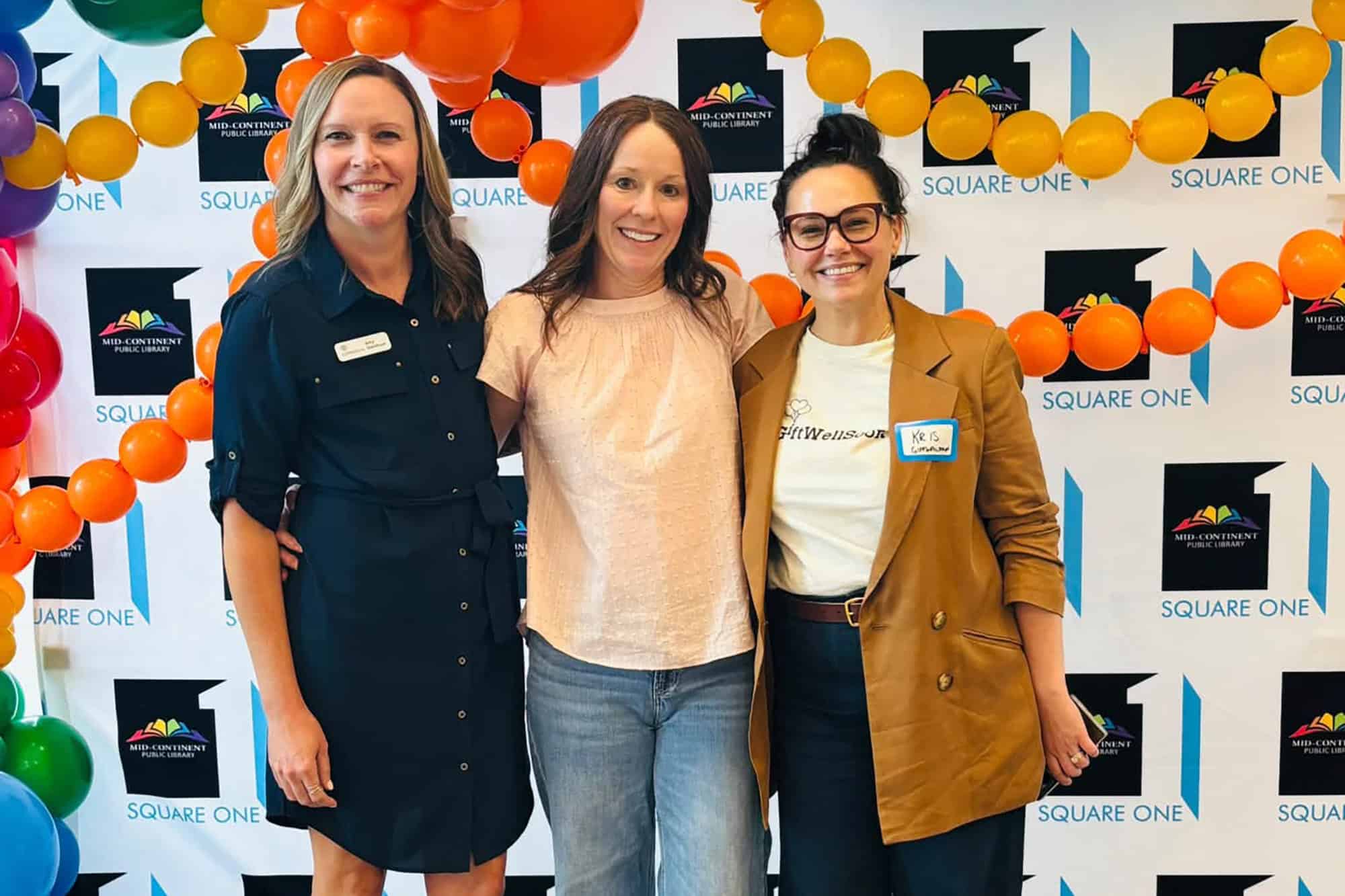 Amy Steinhour, GiftWellSoon; Lori Grantham, Creative Capsule; and Kristen Beck, GiftWellSoon, pose together at a pitch competition organized by Mid-Continent Public Library’s Square One Small Business Center. GiftWellSoon ultimately earned the event's first place prize; photo courtesy of Mid-Continent Public Library