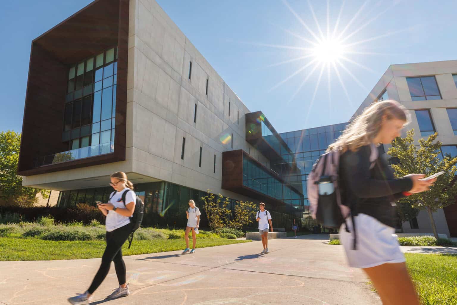 Students leave classes at KU’s School of Business' Capitol Federal Hall on the campus of the University of Kansas; photo courtesy of the University of Kansas