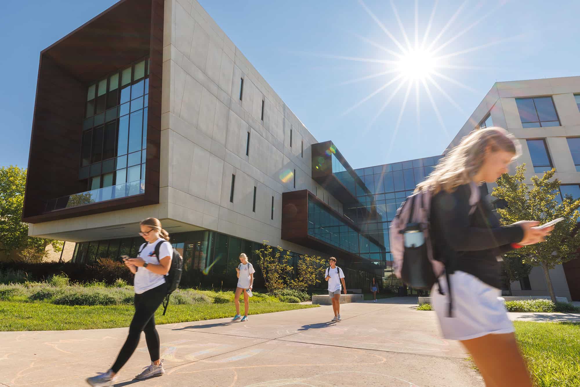 Students leave classes at KU’s School of Business' Capitol Federal Hall on the campus of the University of Kansas; photo courtesy of the University of Kansas