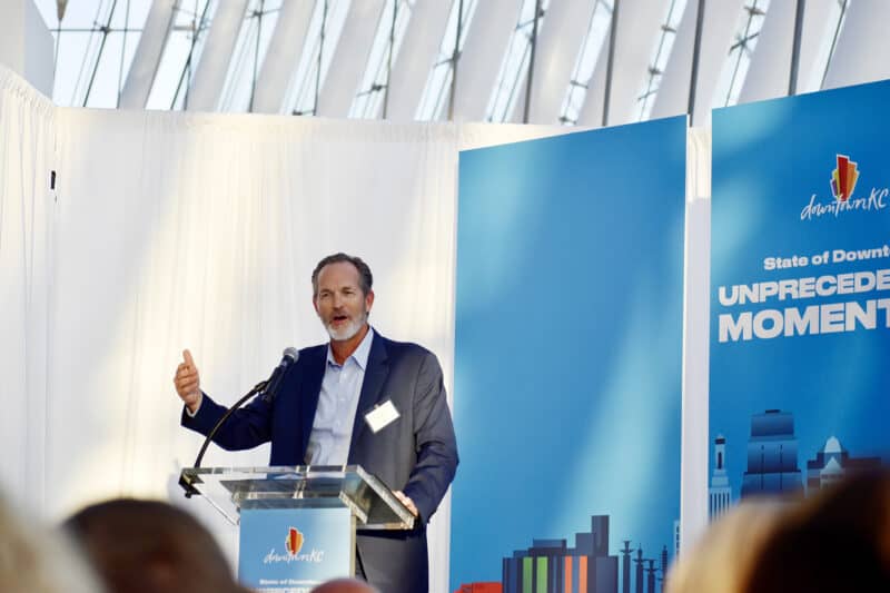Brooks Sherman, president of real estate development for the Kansas City Royals, speaks during a State of Downtown event at the Kauffman Center for the Performing Arts; photo by Nikki Overfelt Chifalu, Startland News