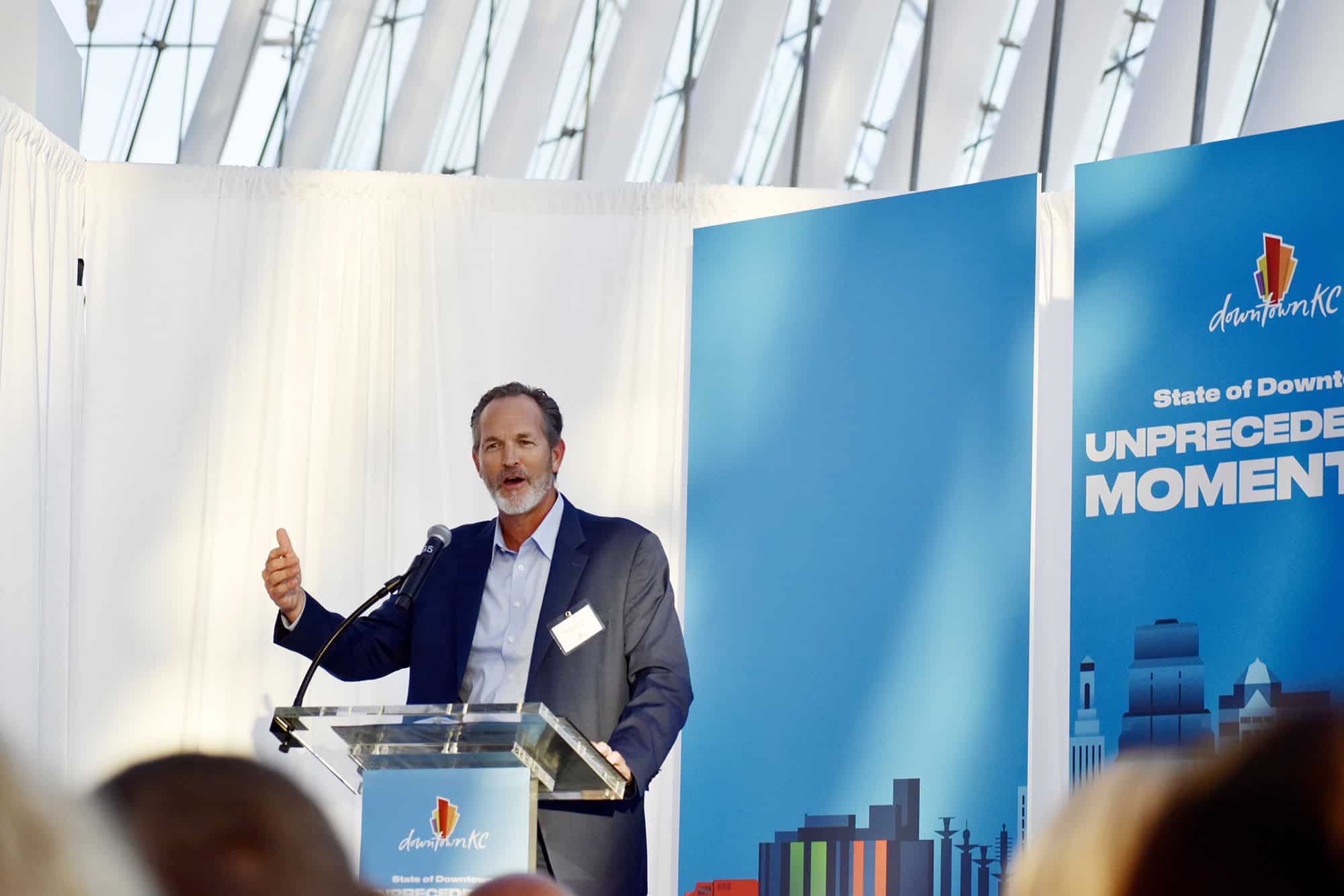 Brooks Sherman, president of real estate development for the Kansas City Royals, speaks during a State of Downtown event at the Kauffman Center for the Performing Arts; photo by Nikki Overfelt Chifalu, Startland News