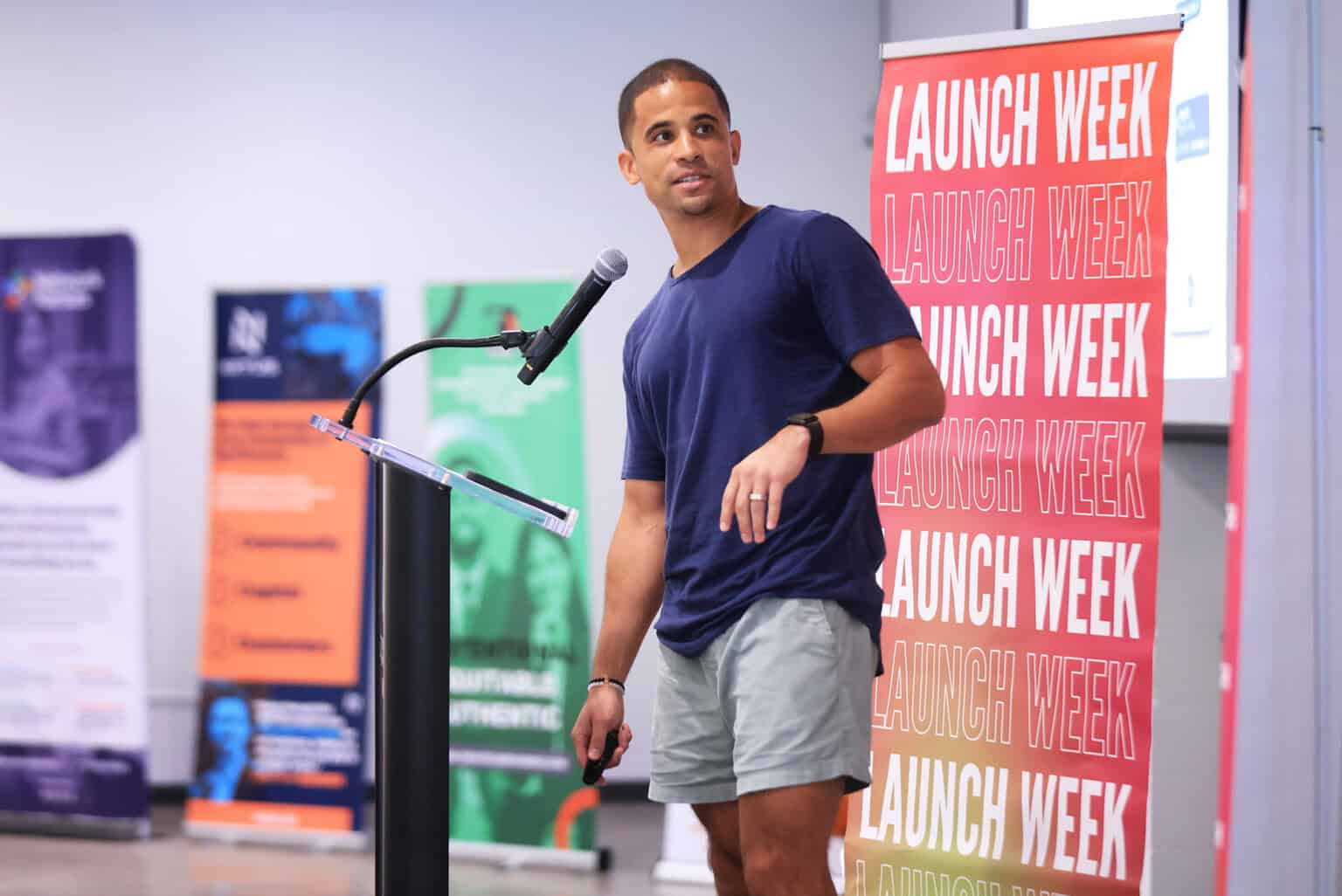 Miguel Johns, founder of Milton AI, pitches his company during the Wichita regional Startup World Cup competition at the community's Launch Week; photo courtesy of the Kansas Department of Commerce