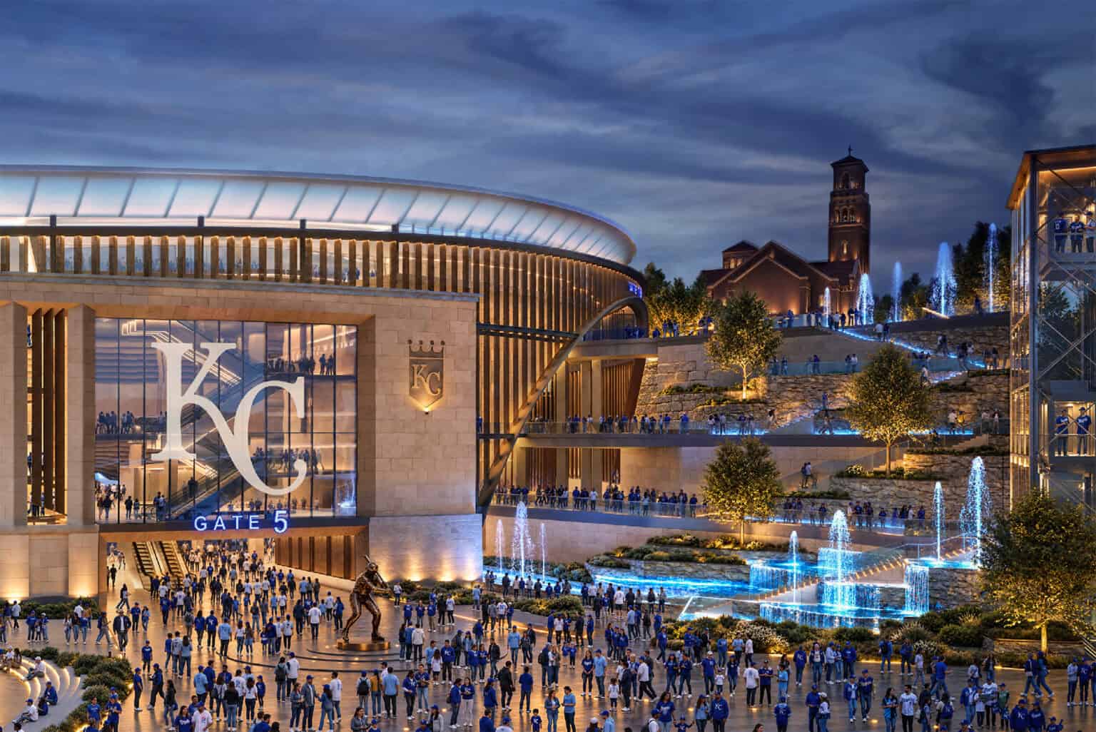 A fresh rendering by Kansas City firm Populous shows the West Plaza of the new Royals stadium at Crown Center; rendering courtesy of Populous, the Kansas City Royals