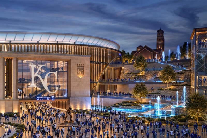 A fresh rendering by Kansas City firm Populous shows the West Plaza of the new Royals stadium at Crown Center; rendering courtesy of Populous, the Kansas City Royals