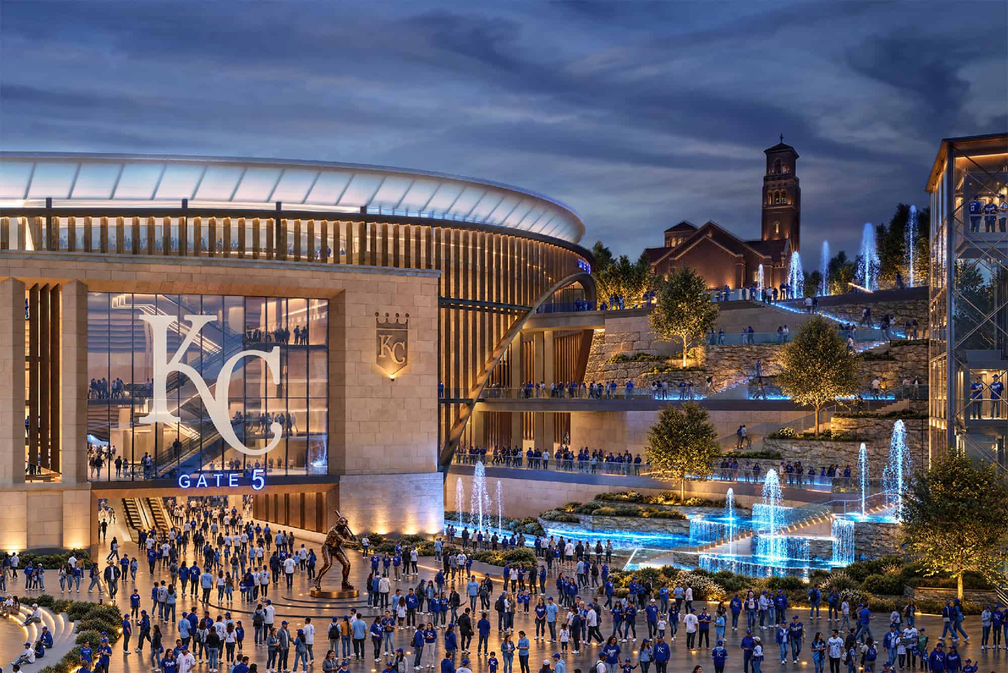 A fresh rendering by Kansas City firm Populous shows the West Plaza of the new Royals stadium at Crown Center; rendering courtesy of Populous, the Kansas City Royals