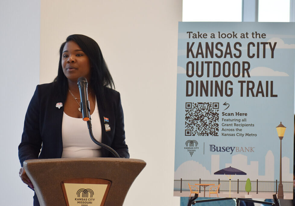 Janá Wagner, division manager for the City of Kansas City’s Small Business Division, KC BizCare, speaks during a celebration of KCMO's Outdoor Dining Enhancement Program; photo by Taylor Wilmore, Startland News