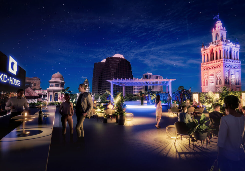 Rendering of a rooftop outdoor space at the KCHouse featuring cocktail hours paired with jazz and acoustic performances for an invite-only crowd of global leaders, civic stakeholders and business partners during Kansas City's 2026 World Cup festivities; image courtesy of Populous