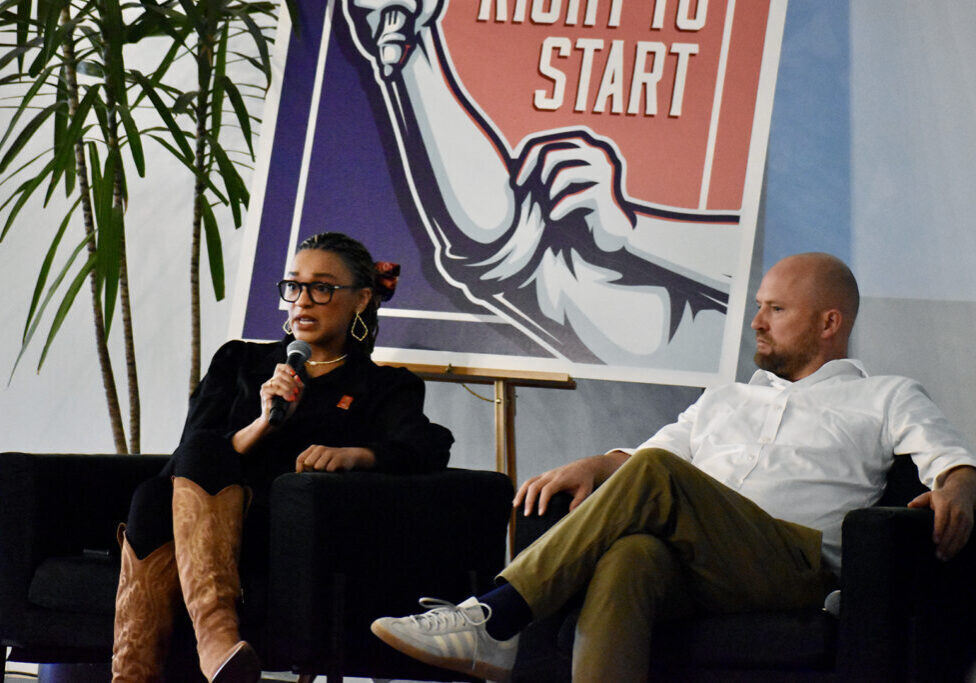 Taylor Overton, co-chair of the National Entrepreneurship Leaders Network, speaks alongside Wes Rogers, 2nd District Councilman for KCMO and chair of the city's Small Business Taskforce, during a panel conversation about Kansas City small business preparedness for the FIFA World Cup in 2026; photo by Nikki Overfelt Chifalu, Startland News