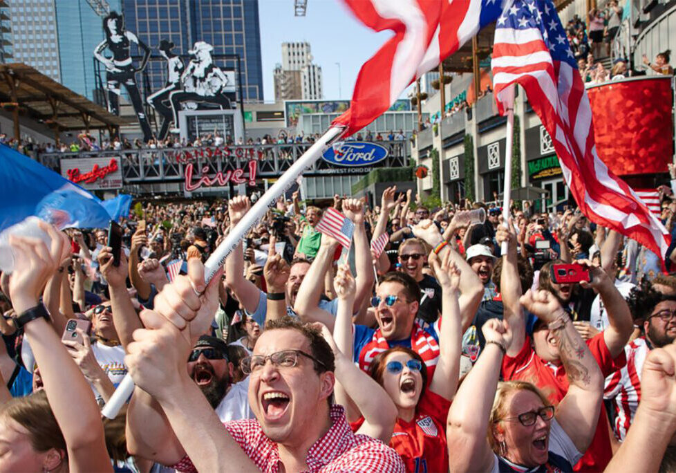Soccer fans react to the official FIFA World Cup host city announcement June 16, 2022, at the Kansas City Power and Light District in Kansas City; photo by Zachary Linhares/The Beacon